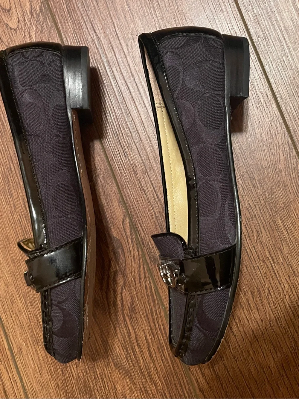 Coach Eloise Signature Black Logo Print Patent Trim Loafers Silver Buckle